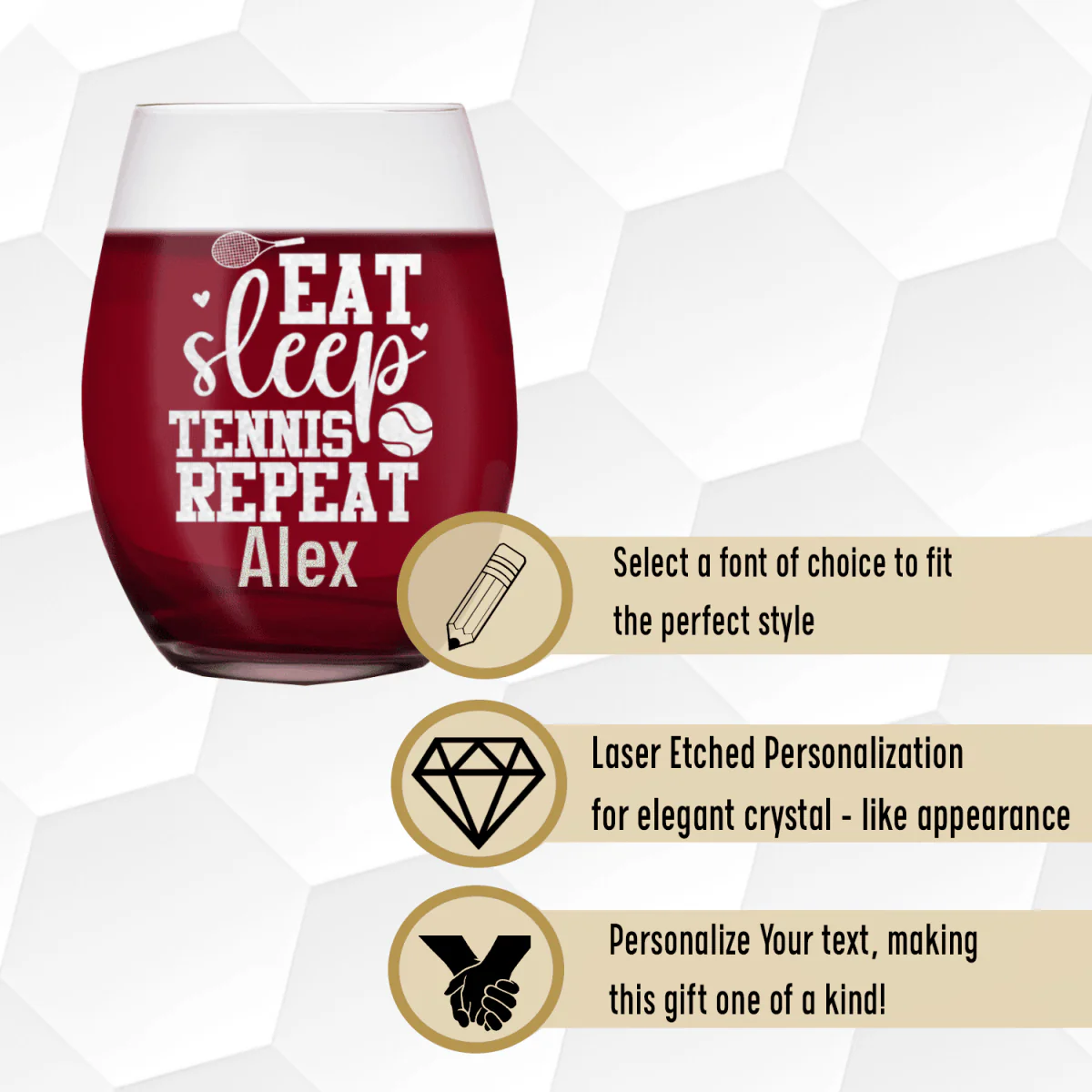 Eat Sleep Tennis Stemless Wine Glass - Image 4