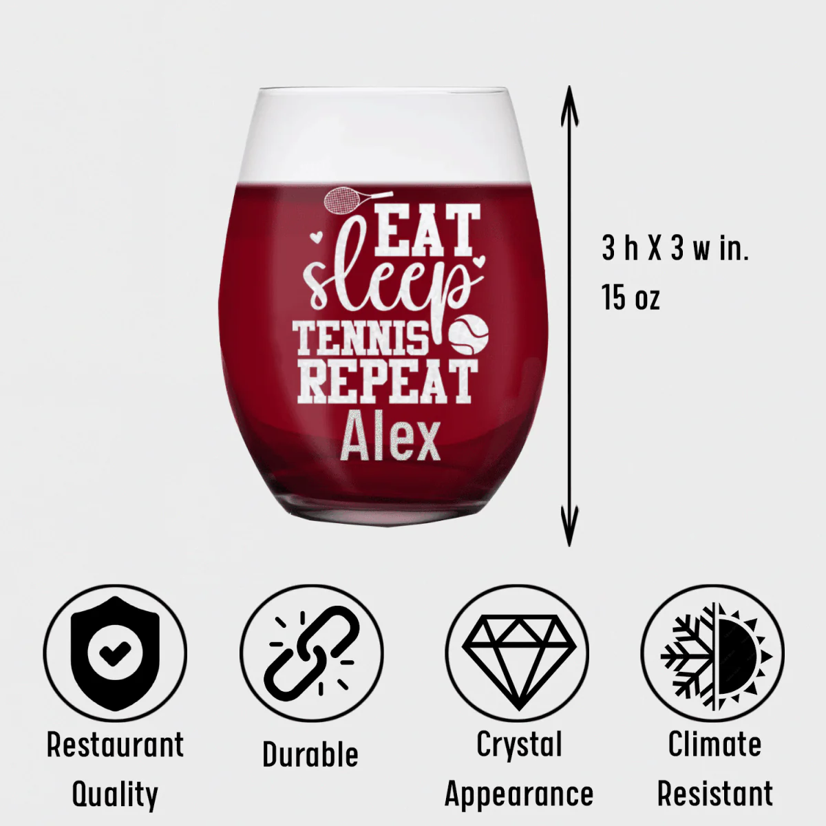 Eat Sleep Tennis Stemless Wine Glass - Image 5