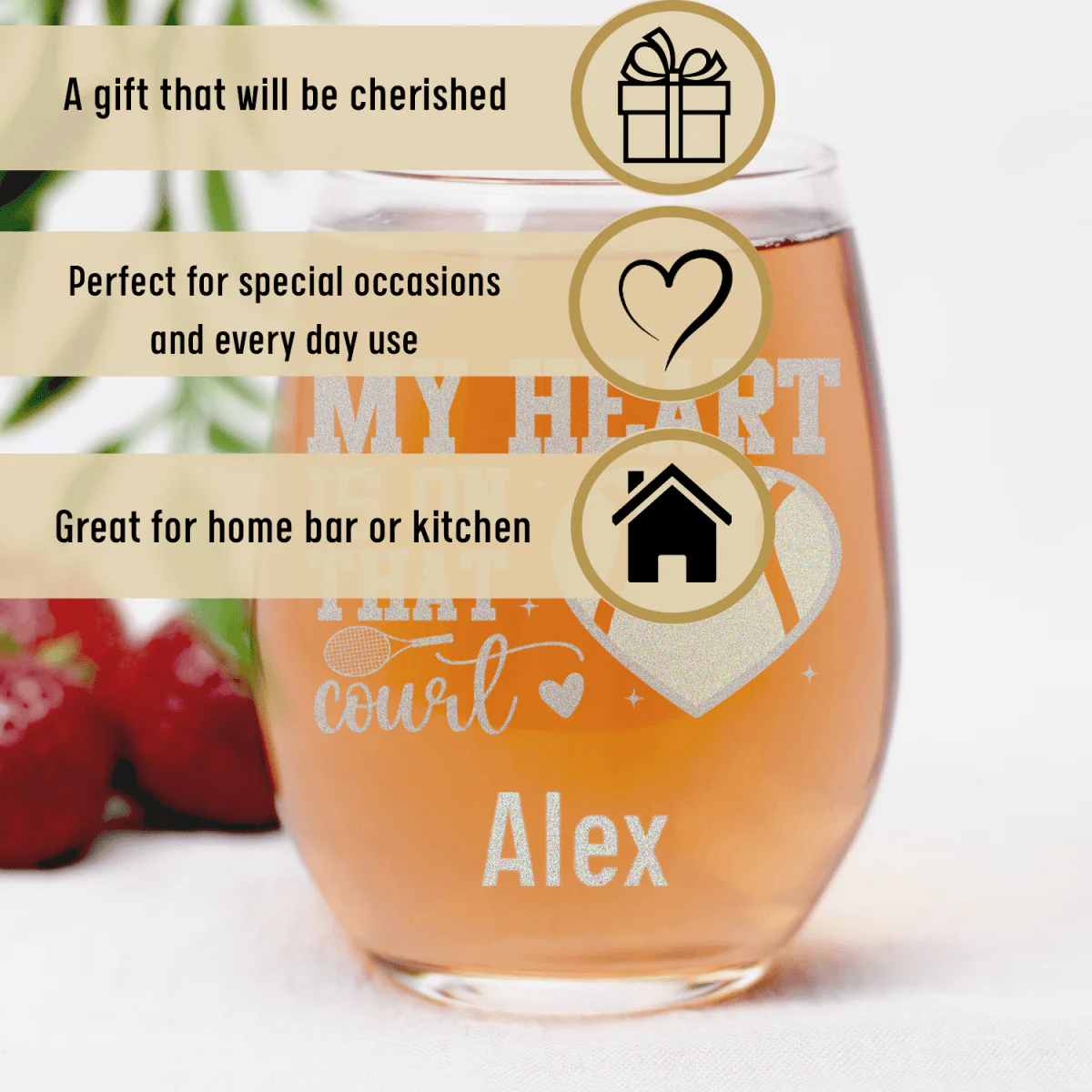 Heart On The Tennis Court Stemless Wine Glass - Image 3
