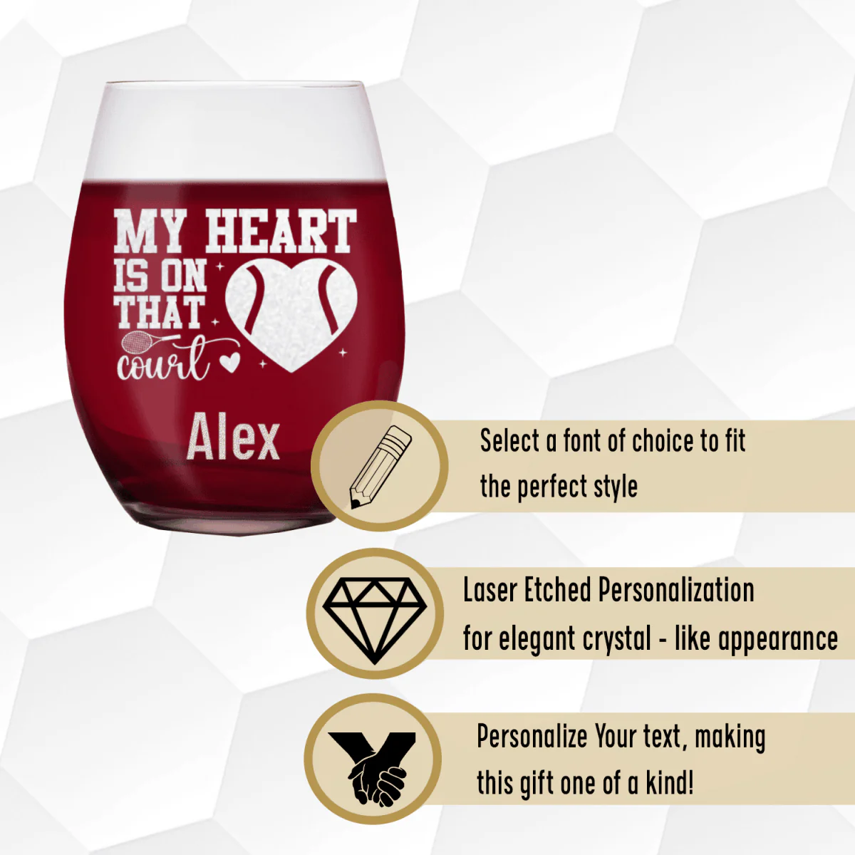 Heart On The Tennis Court Stemless Wine Glass - Image 4