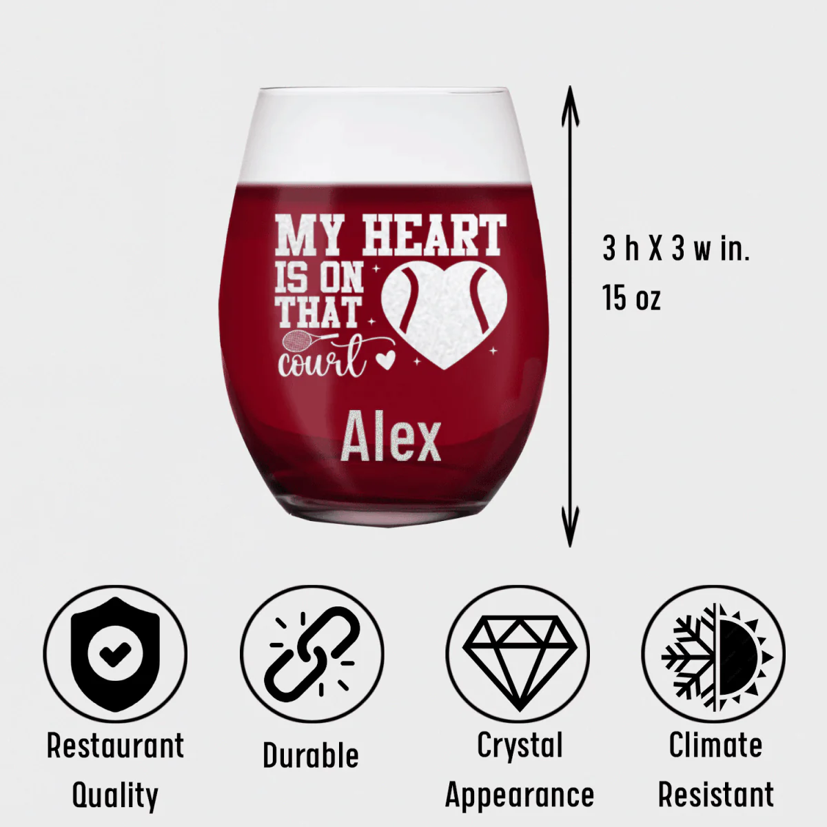 Heart On The Tennis Court Stemless Wine Glass - Image 5