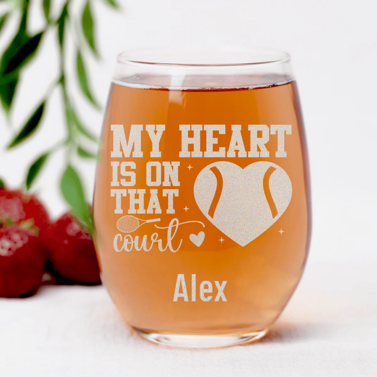 Heart On The Tennis Court Stemless Wine Glass - Image 7