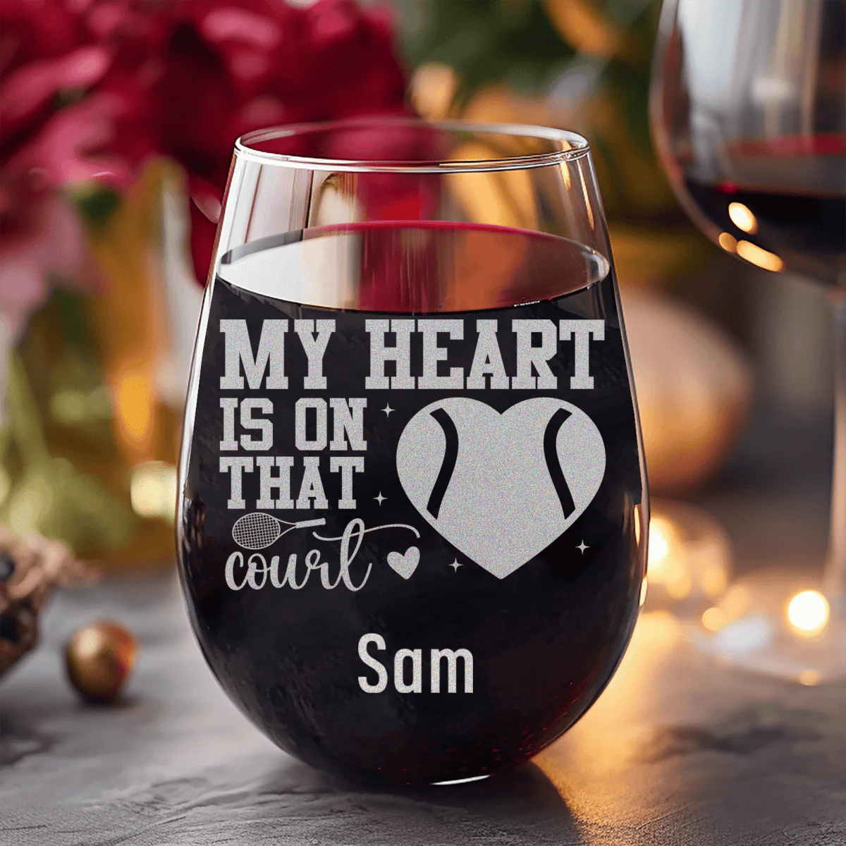 Heart On The Tennis Court Stemless Wine Glass - Image 8