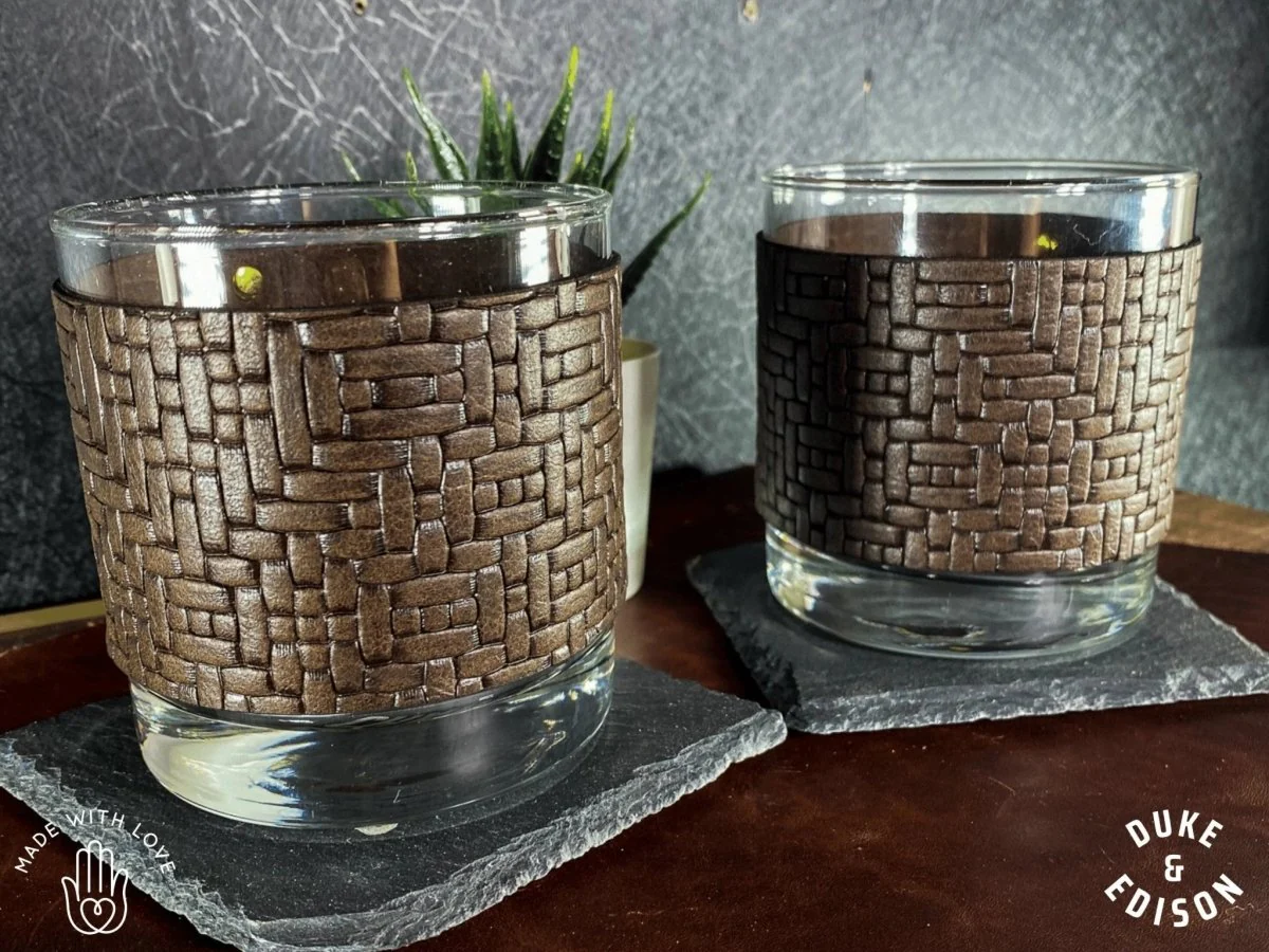 Italian Weave Leather Wrapped Whiskey Glasses - Image 2