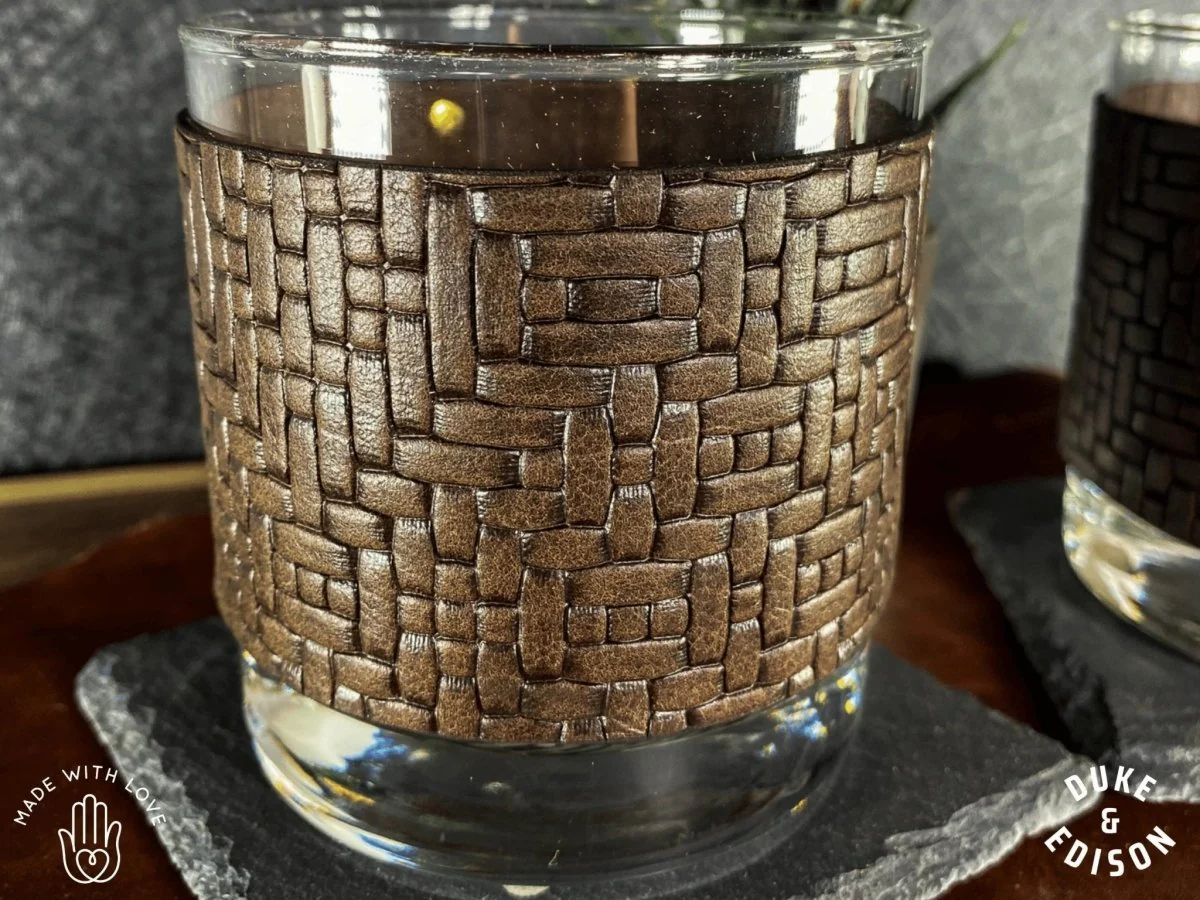 Italian Weave Leather Wrapped Whiskey Glasses - Image 3