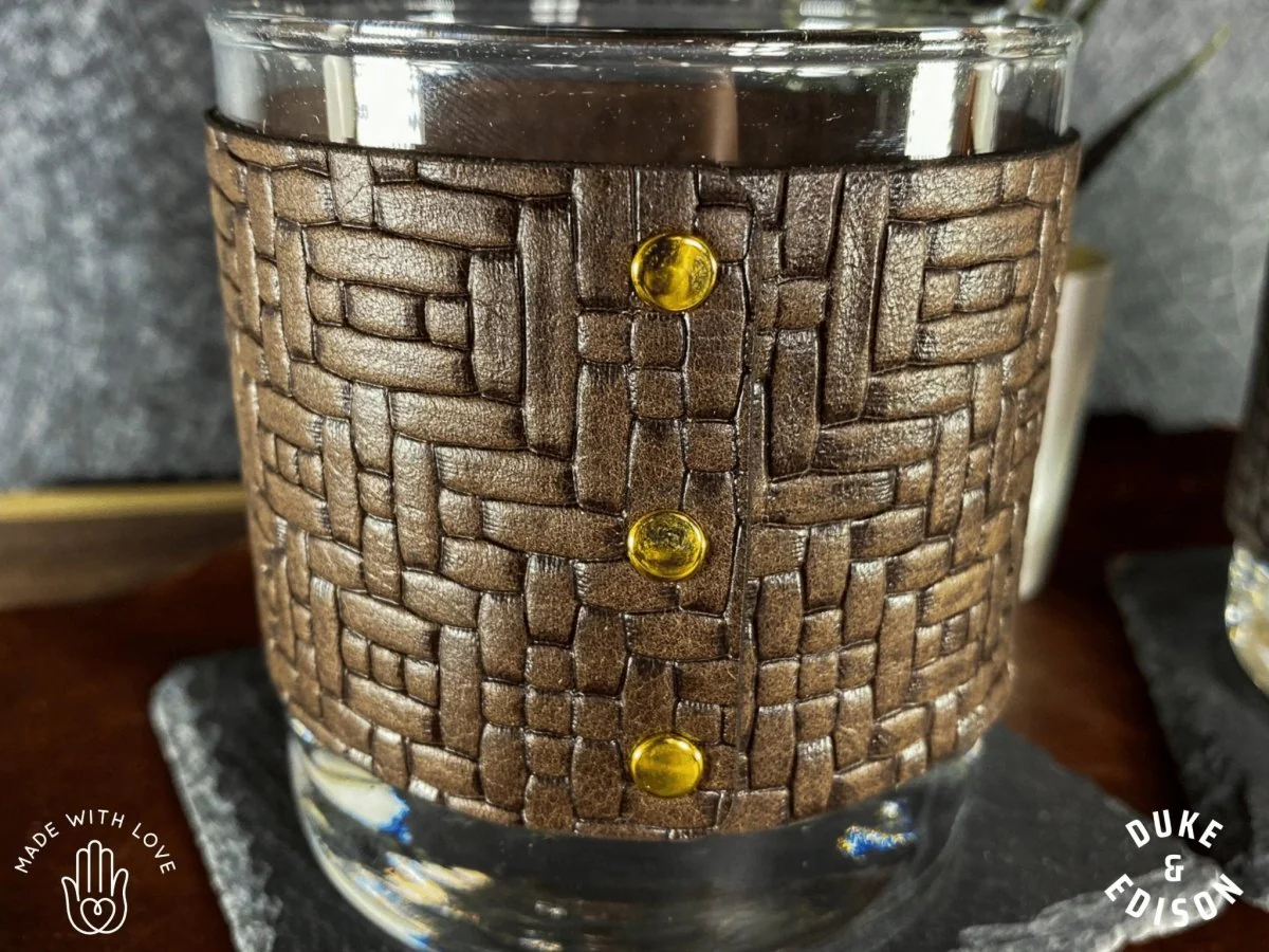 Italian Weave Leather Wrapped Whiskey Glasses - Image 4