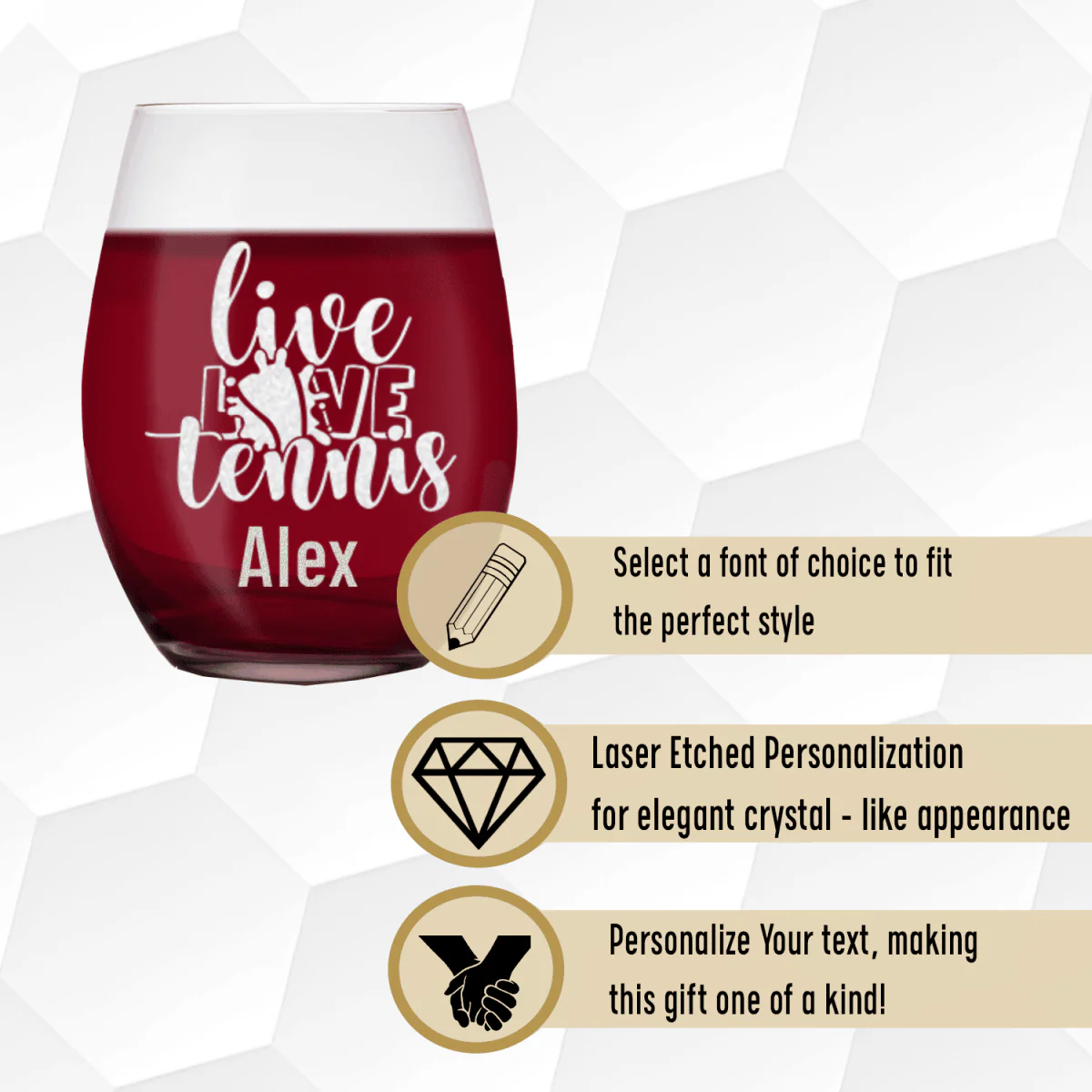 Live Love Tennis Stemless Wine Glass - Image 4