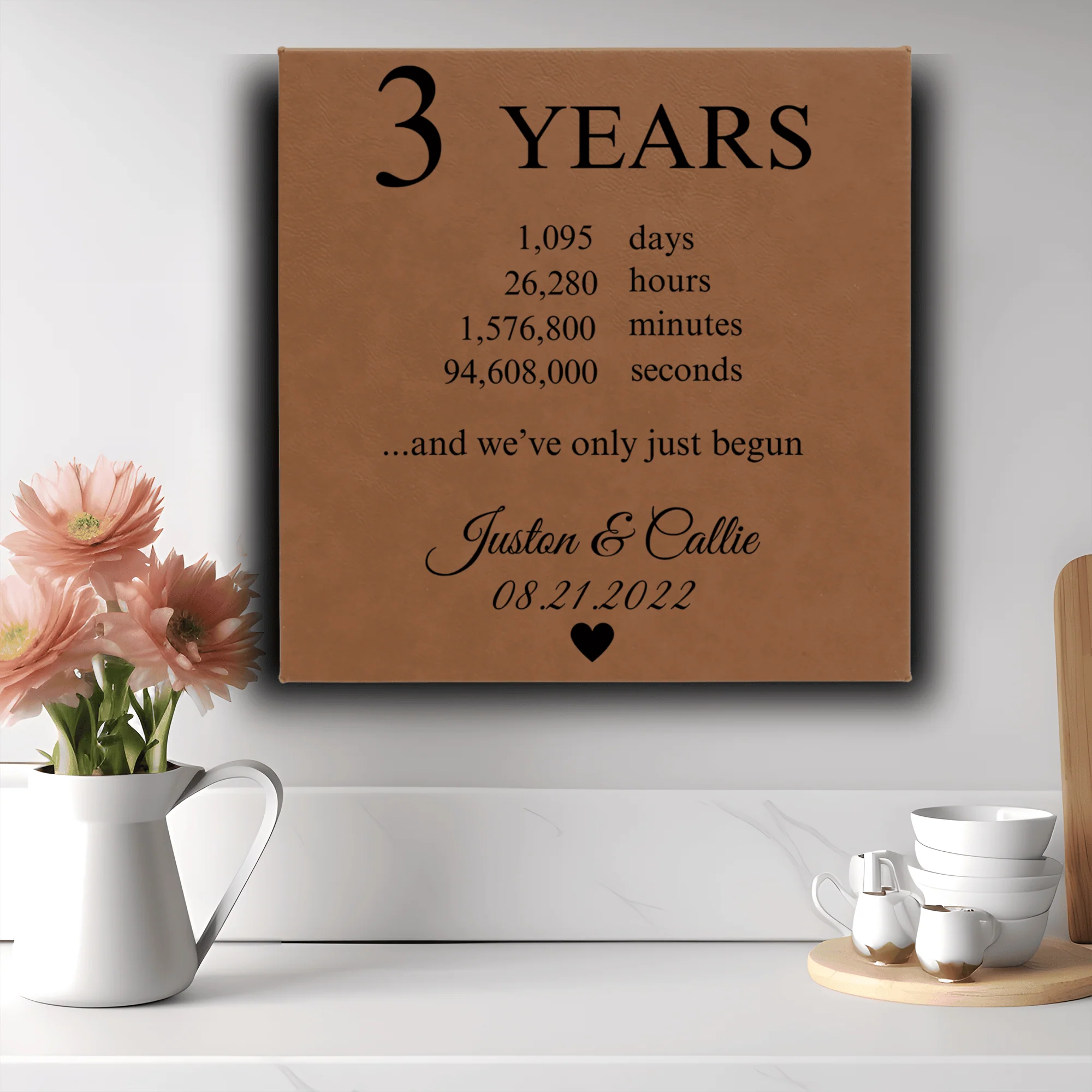 Three Year Anniversary Square Leather Wall Decor
